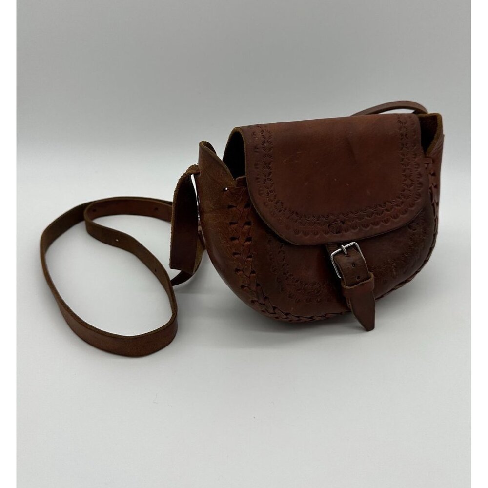 Vintage Western Crossbody Purse Bag Hand Tooled Brown Leather Buckle Handmade